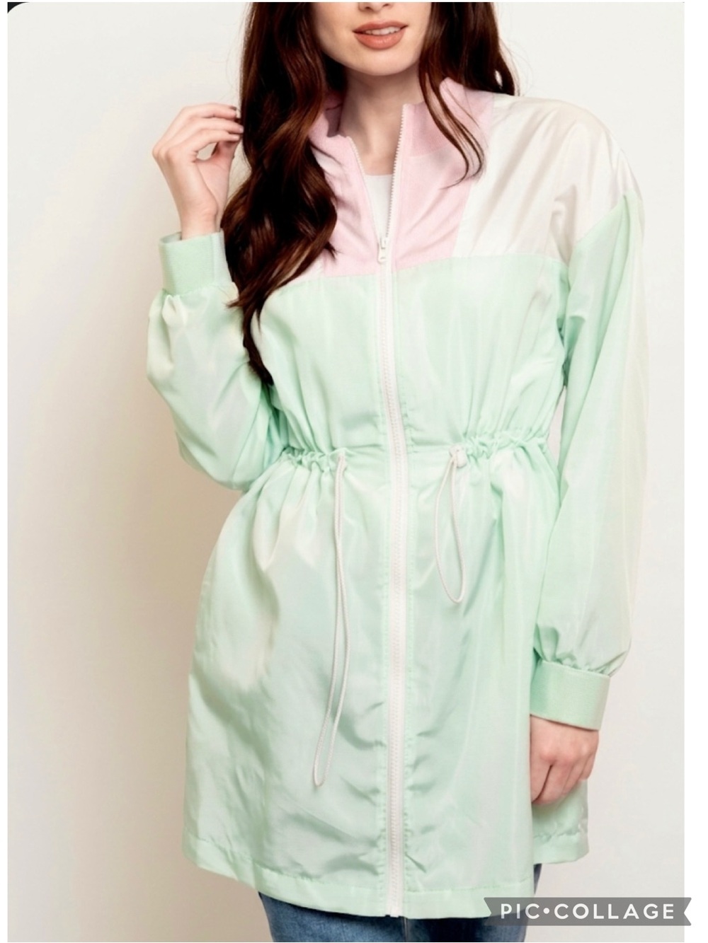 O & O Molly Jacket Windbreaker Colorblock Drawstring Waist Mint Green NWOT L